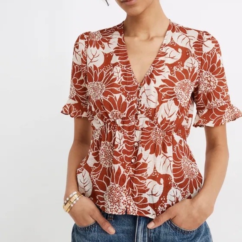 Madewell Rusty Orange Sunflower Season Silk Journal Keyhole-Sleeve Top 6 NWT